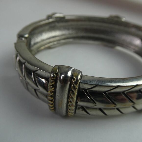 Two Tone Gold Silver Hinged Bangle Bracelet Clear Rhinestone Detailed Solid - Picture 5 of 8